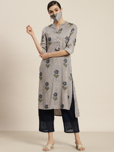 

Juniper Women Grey & Navy Blue Ethnic Motifs Printed Kurta