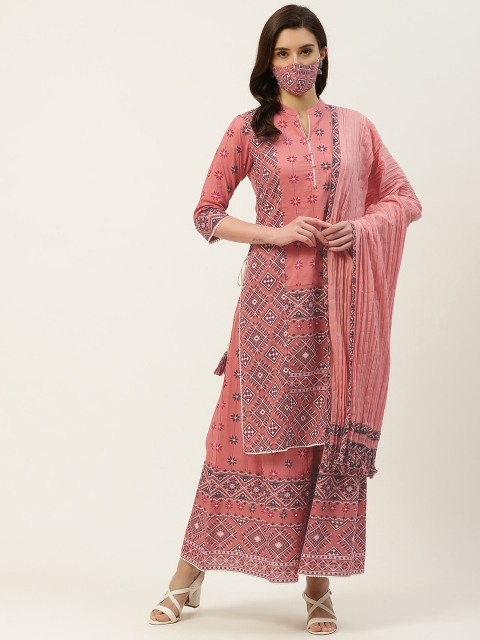 

Juniper Women Pink & Maroon Printed Pure Cotton Kurta with Palazzos & With Dupatta