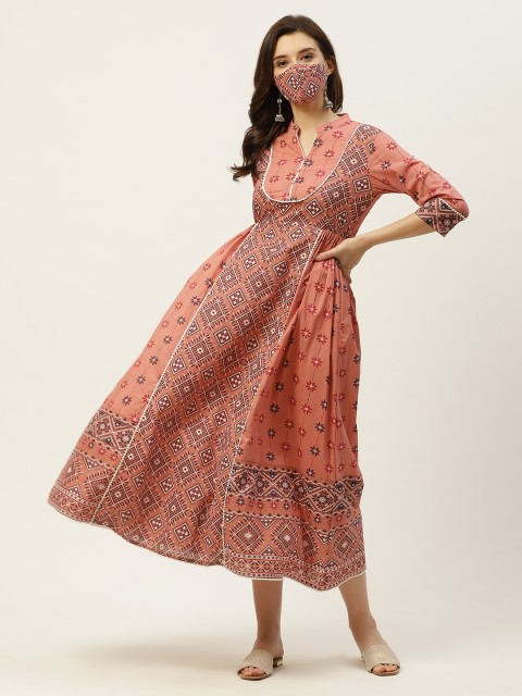 

Juniper Peach-Coloured & White Geometric Cambric Cotton Ethnic A-Line Midi Dress