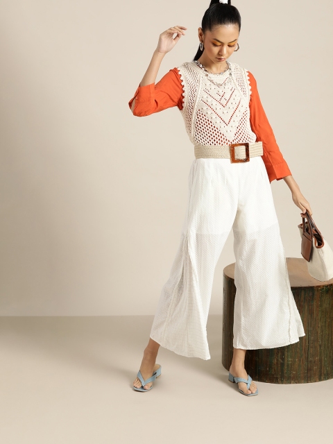 

Juniper Women White Dobby Ethnic Motifs Cotton Flared Palazzos