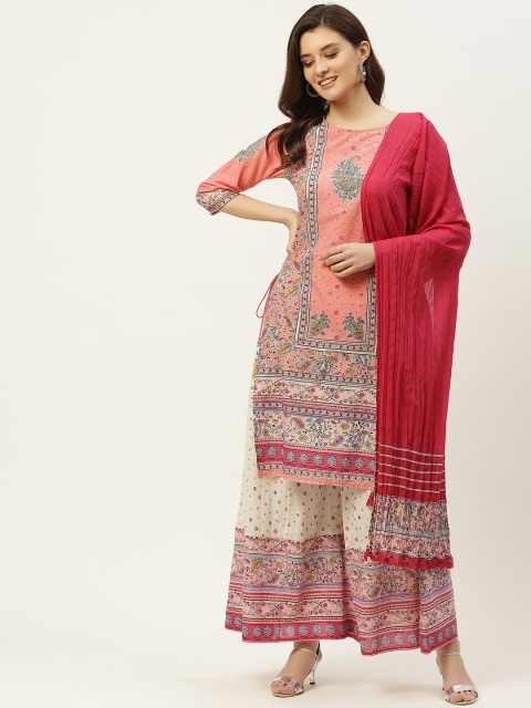 

Juniper Women Pink & Red Ethnic Motifs Print Gotta Patti Straight Kurta Set
