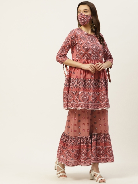 

Juniper Women Peach-Coloured & Navy Blue Printed Tunic with Palazzos & Mask
