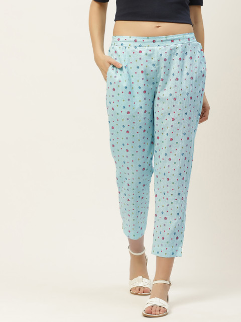 

Juniper Women Blue & Red Pure Cotton Printed Smart Slim Fit Regular Trousers
