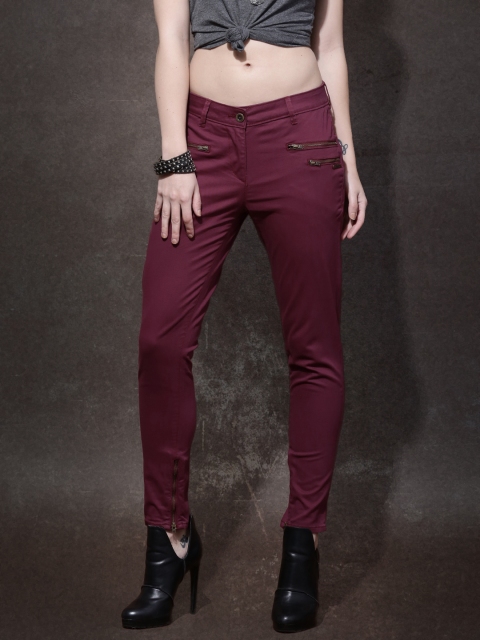 

Roadster Women Burgundy Solid Skinny Fit Flat-Front Casual Trousers