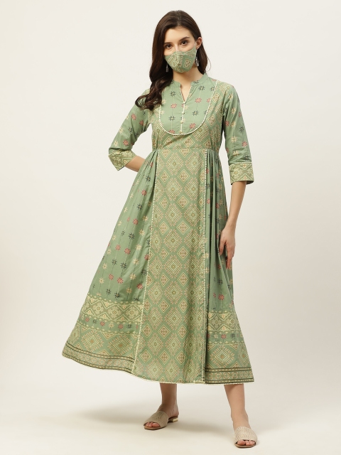 

Juniper Sea Green & Coral Pink Pure Cotton Printed Ethnic Maxi Dress