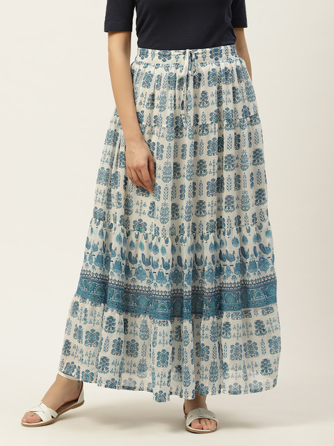 

Juniper Women White & Blue Ethnic Motifs Print Tiered Maxi Skirt