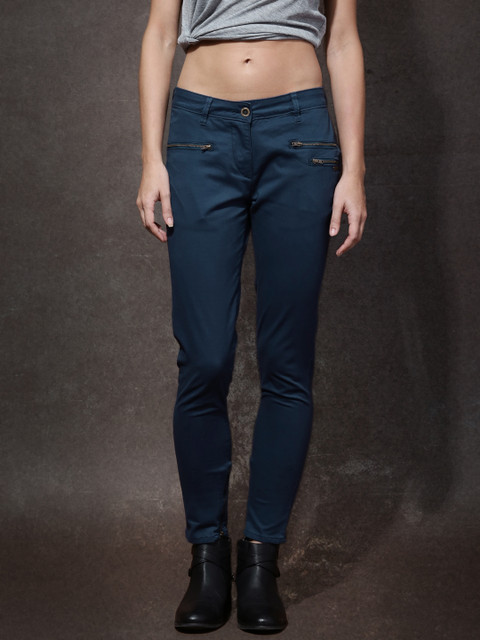 

Roadster Women Navy Solid Skinny Fit Chino Trousers, Navy blue