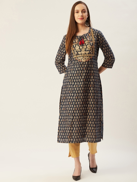 

FASHOR Women Navy Blue & Golden Ethnic Motifs Printed Pure Cotton Kurta