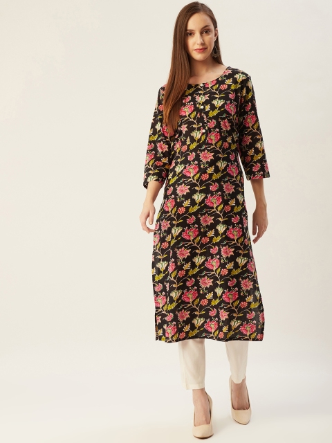 

FASHOR Women Black & Pink Floral Printed Pure Cotton Kurta