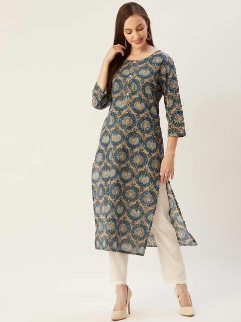 

FASHOR Women Navy Blue & Beige Ethnic Motifs Printed Pure Cotton Kurta