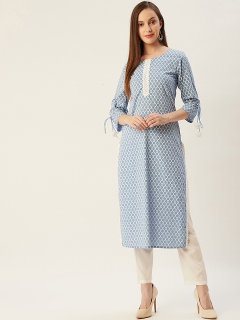

FASHOR Women Blue & White Ethnic Motifs Printed Pure Cotton Kurta