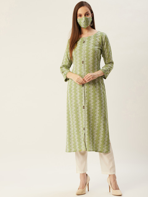 

FASHOR Women Green Chevron Printed Staright Kurta