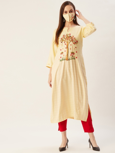 

FASHOR Women Yellow & Maroon Ethnic Motifs Embroidered Thread Work Kurta