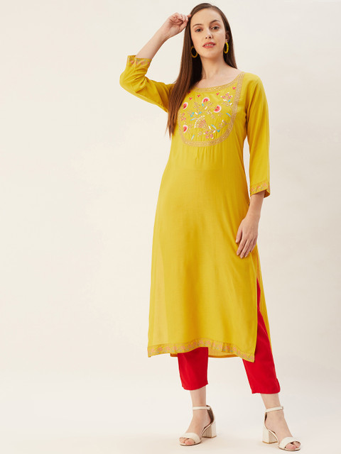 

FASHOR Women Mustard Yellow Ethnic Motifs Yoke Design Kurta