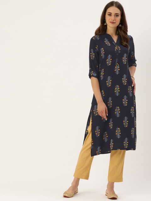 

AMUKTI Women Navy Blue & Mustard Yellow Floral Printed Kurta