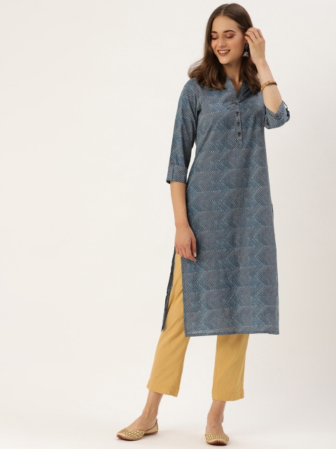 

AMUKTI Women Navy Blue & White Chevron Printed Indigo Kurta