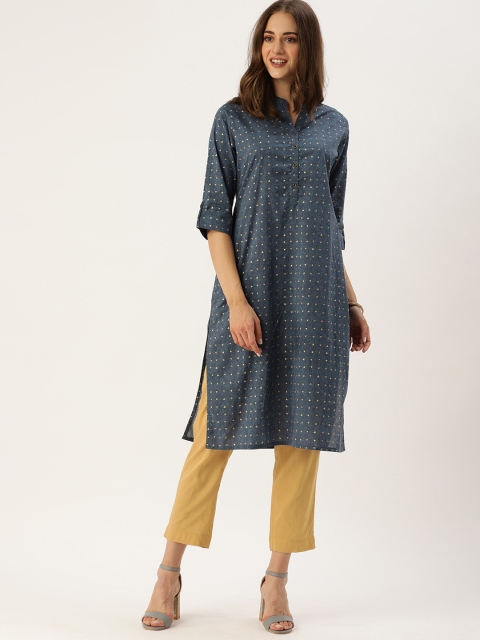 

AMUKTI Women Navy Blue & Gold-Toned Floral Printed Kurta