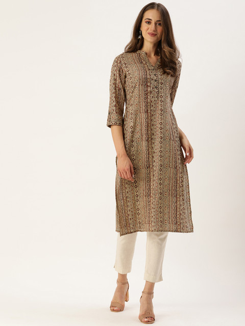 

AMUKTI Women Beige & Maroon Ethnic Motifs Foil Printed Kurta