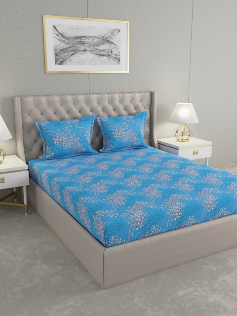 

Raymond Home Blue & Off-White Floral 120 TC Cotton 1 Queen Bedsheet with 2 Pillow Covers