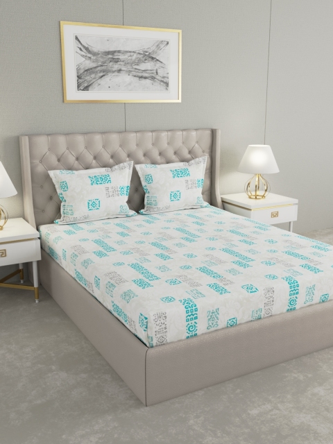 

Raymond Home White & Sea Green Graphic 120 TC Cotton 1 Queen Bedsheet with 2 Pillow Covers