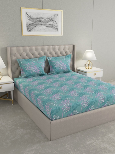

Raymond Home Turquoise Blue & Pink Floral 120 TC Cotton 1 Queen Bedsheet with 2 Pillow Covers