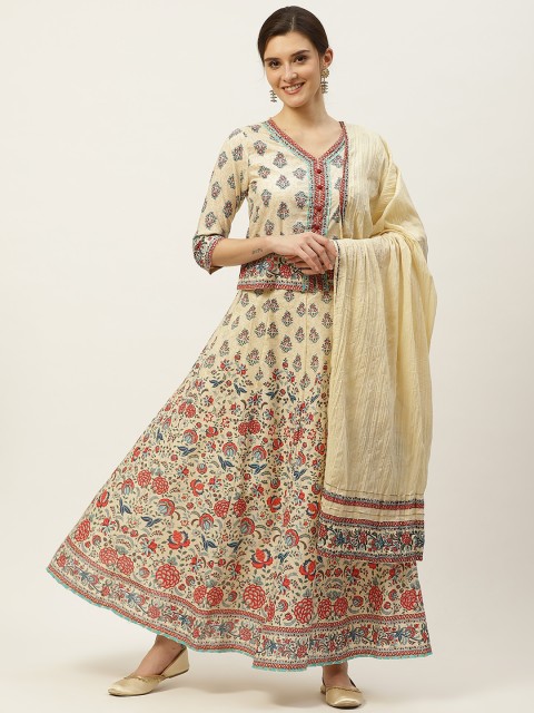 

Juniper Beige & Red Printed Block Print Ready to Wear Lehenga & Blouse With Dupatta