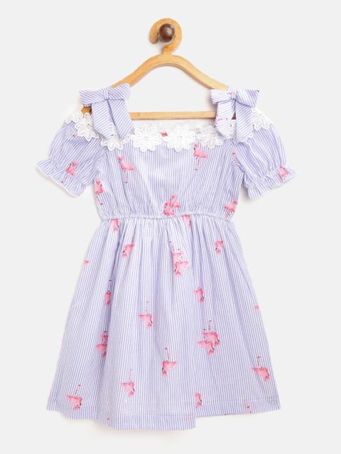 

pspeaches Girls Blue & White Striped Off-Shoulder Cotton Fit & Flare Dress
