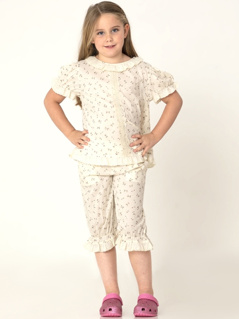 

Cherry Crumble Girls Cream-Coloured & Coffee Brown Cherry Print Lace Cotton Night suit