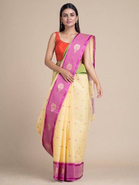 

Mitera Yellow & Purple Pure Cotton Woven Design Taant Saree