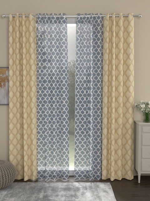 

ROSARA HOME Beige & Grey Set of 4 Jacquard Long Door Curtains