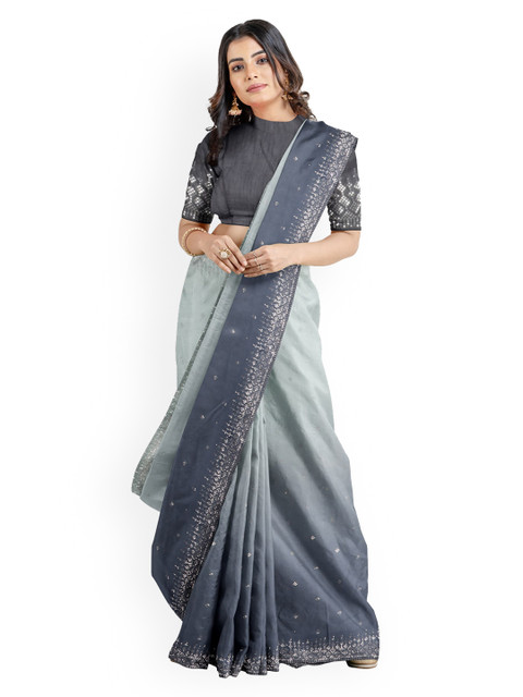 

Kalamandir Grey Colourblocked Silk Blend Embellished Saree