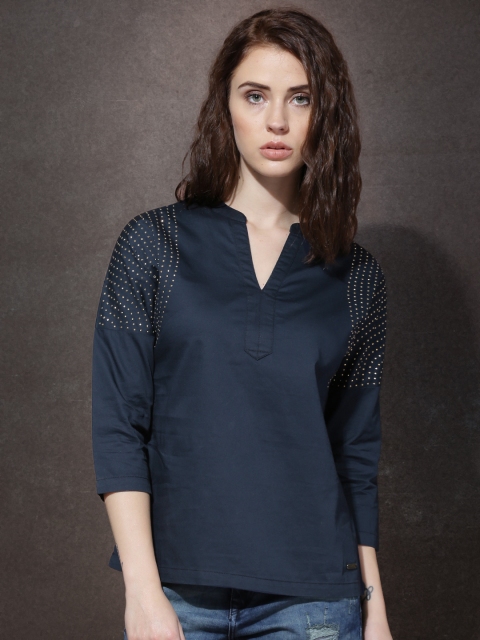 

Roadster Women Navy Embellished Solid Regular Top, Navy blue