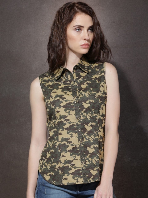 

Roadster Women Olive Green Camoflage Printed Shirt