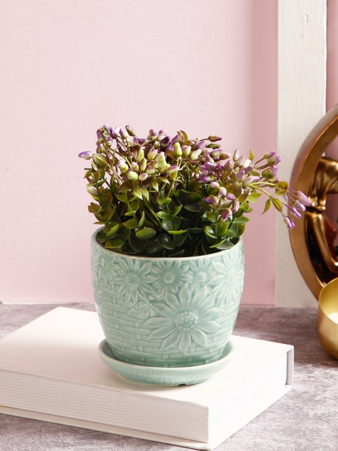 

Aapno Rajasthan Sea Green Tropical Flowers Hand-Crafted Ceramic Planter Pot