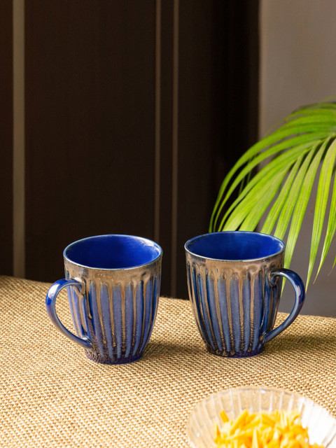 

ExclusiveLane Set Of 2 Blue & Grey Handcrafted Ceramic Tea & Coffee Mugs
