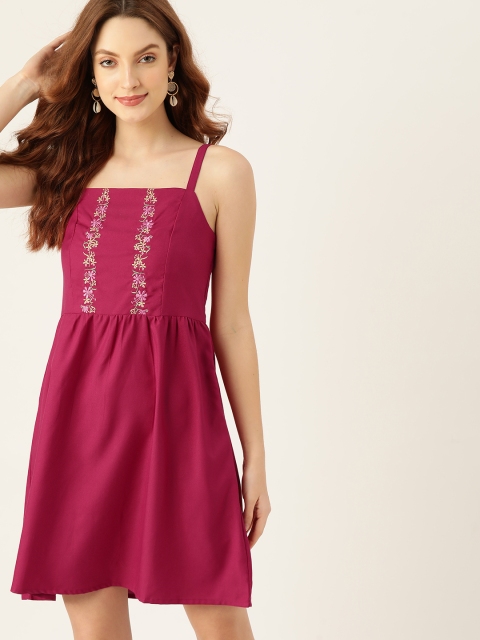

DressBerry Magenta Floral Embroidered A-Line Dress