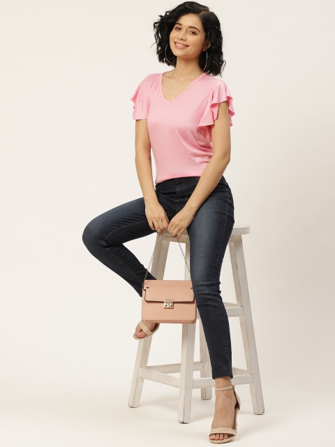 

DressBerry Pink Solid Flutter Sleeve Regular Top