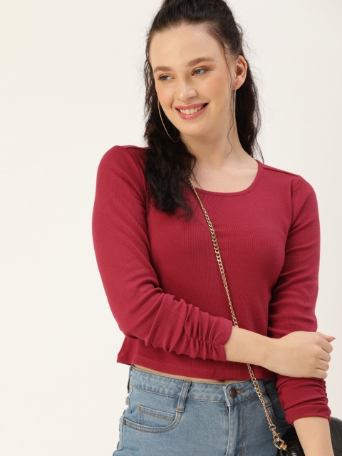 

DressBerry Women Maroon Ribbed Blouson Top