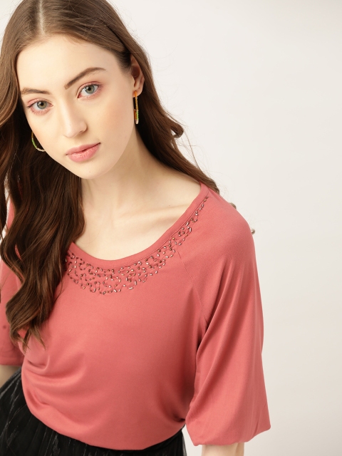 

DressBerry Pink Solid Regular Top with Beaded Detail