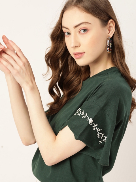 

DressBerry Green Solid Regular Top With Embroidered Detail