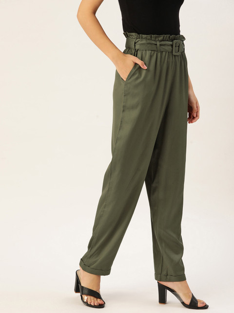 

DressBerry Women Olive Green Solid Pleated Trousers