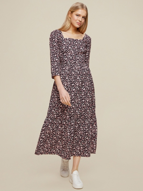 

DOROTHY PERKINS Women Black & White Pure Cotton Floral Print Midi A-Line Dress