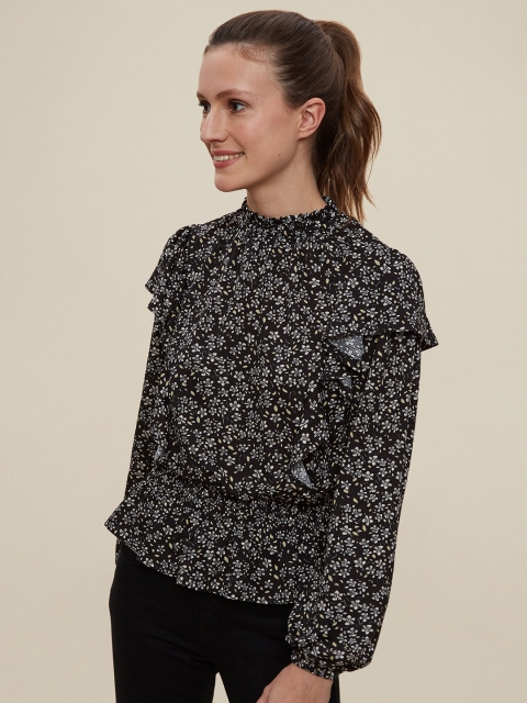 

DOROTHY PERKINS Black & White Floral Printed Puff Sleeves A-Line Top