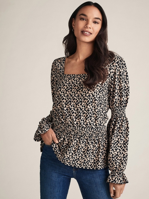 

DOROTHY PERKINS Cream-Coloured & Black Animal Printed Puff Sleeves Smocked Cinched Waist Top