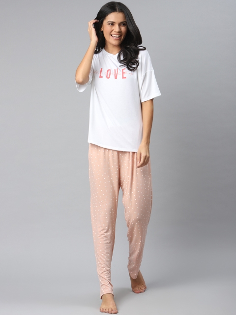 

DOROTHY PERKINS Women White & Peach-Coloured Printed Night suit