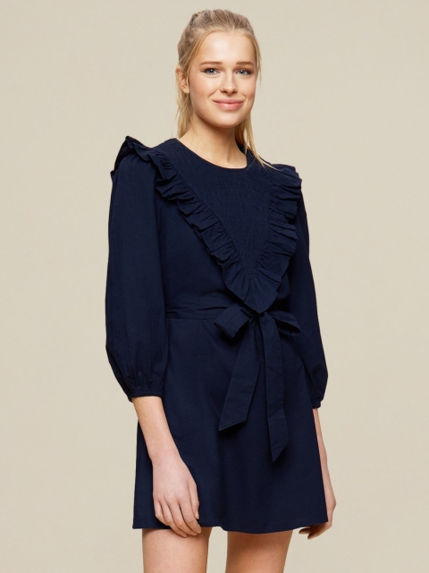

DOROTHY PERKINS Women Navy Blue Cotton Solid A-Line Dress with Belt
