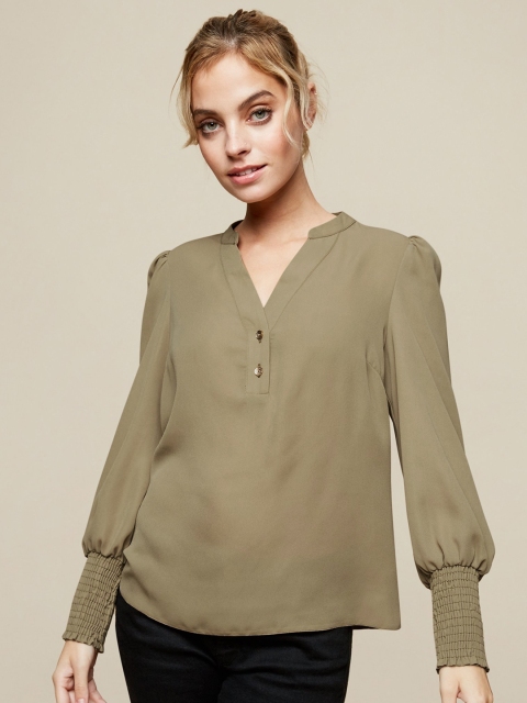 

DOROTHY PERKINS Khaki Mandarin Collar Bishop Sleeves Smocked Regular Top