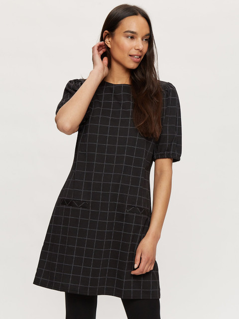 

DOROTHY PERKINS Women's Black & Grey Checked Puff Sleeves Tunic
