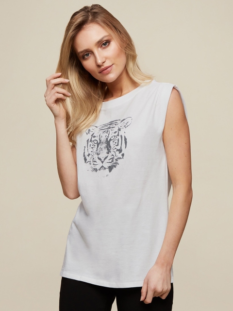 

DOROTHY PERKINS Women White Cotton Tiger Printed Round Neck T-shirt