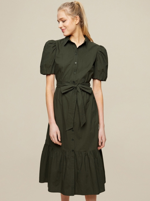 

DOROTHY PERKINS Women Olive Green Solid Pure Cotton Shirt Dress, Brown